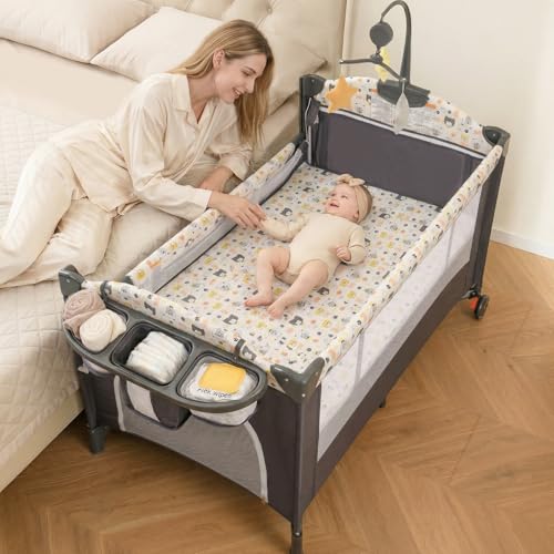 Image of INFANS Pack and Play, 5 in 1 Baby Bedside Sleeper with Bassinet, Diaper Changer, Mattress, Carry Bag, Music Box Hanging Toys, Foldable Bedside Crib, Portable Playard for Newborn Toddlers (Bear)