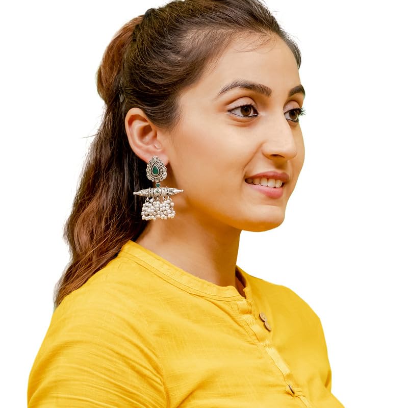 Shining Jewel Traditional Indian Matte Antique Oxidised Silver CZ, Crystal Studded Drop Earring For Women - Black (SJE_216_BK) - Image 3