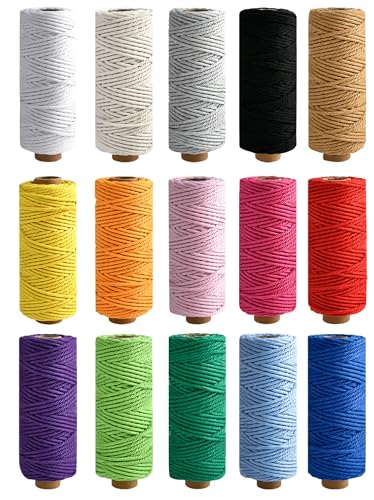 Akamino 15 Rolls Colored Macrame Rope 4 Strand Twiste Soft Cotton Cord 3mm x 480 Yards Natural Cotton Craft Macrame Cord for Handmade Crafts Wall Hanging Home Decorations Gift Wrapping