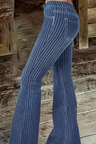 Women's Casual High Waist Bell Bottom Jeans Striped Printed Hem Raw Flare Denim Pants2