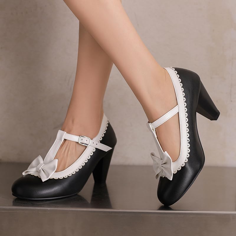 Image of Elbslutt Women's Cute Retro Rockabilly Shoes T Strap Mary Janes Heels Chunky Cosplay Shoes Sweet Block Heeled Bow Pumps