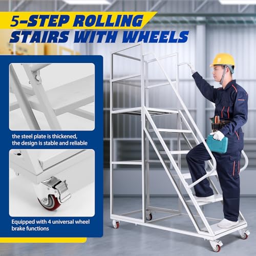 Image of 6 Step Rolling Ladder with Wheels, 1200LBS Capacity Industrial & Warehouse Rolling Stairs, Non-Slip Rolling Steps with Stair Edge Protector, Easy to Move Rolling Steps for Goods Shelves, 23.5 inchx51 inch