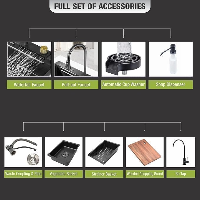 Image of ARQUIN Kitchen Sink 30 inchx18 inchx9 inch Inch Smart Waterfall Sink Premium Stainless Steel with Anti Scratch Honeycomb Design Integrated Pull-down Faucet with Cup Washer & Drain Basket