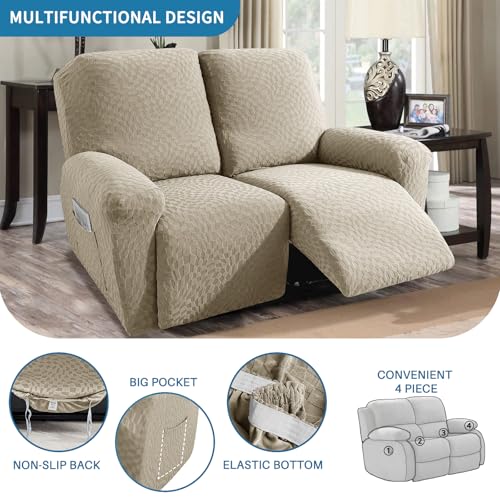 Image of 2026 Loveseat Recliner Cover 4-Piece (48 inch-66 inch) Super Soft Recliner Loveseat Covers with Big Pocket & Anti Slip Ties Stay in Place, Lazy Boy Reclining Love Seat Slipcover Durable Washable, Khaki