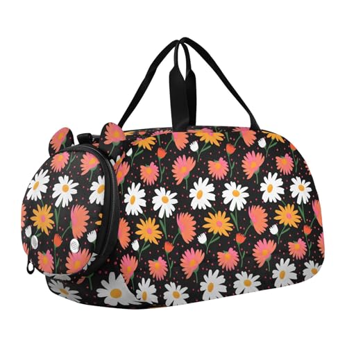 Flower Dots Black Kids Travel Duffel Bag for Boys Girls Overnight Weekend Tote Bag with Shoes Compartment for Dance Gym Sports