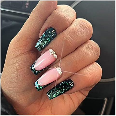 Shiny Green Press on Nails Long Ballerina Fake Nails with Rhinestones Glitter Shards Designs Glue on Nails Acrylic Nails Decorate False Nails with Glue French Tip Stick on Nails For Women Girls 24Pcs Cover