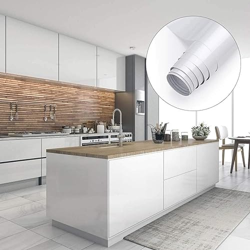 Image of WISDOM White Wallpaper Stickers Contact Paper Decorative for Cabinets Countertops Kitchen Shelves Glossy Self Adhesive Film Peel and Stick Waterproof Removable Wallpaper (2Feet x 40Feet)