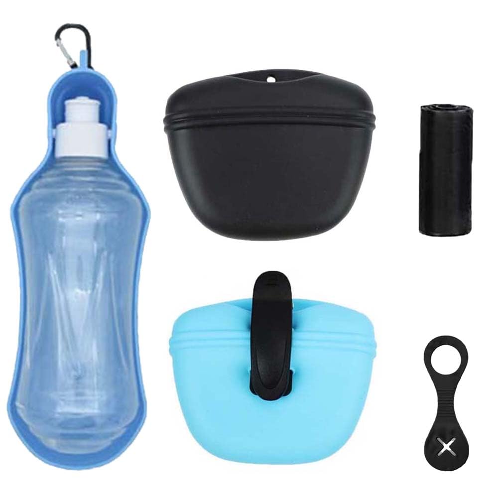 flydimund Bolsa para golosinas para perros silicona, cierre magnético y clip cintura, incluye soporte, bolsa excrementos perro, taza agua, para entrenamiento al aire libre (2 unidades, negro + azul)