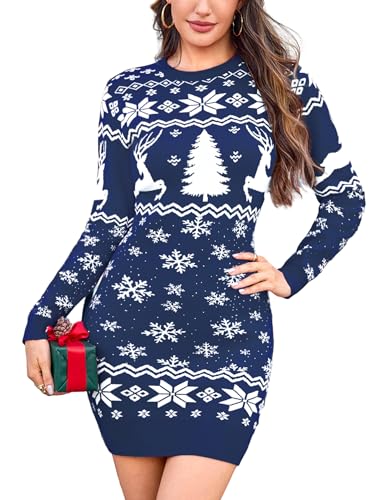 Totatuit Weihnachtskleid Damen Langarm mit Rentier und Schneeflocken Figurbetontes Design Outfit für Party und Winterfotos...