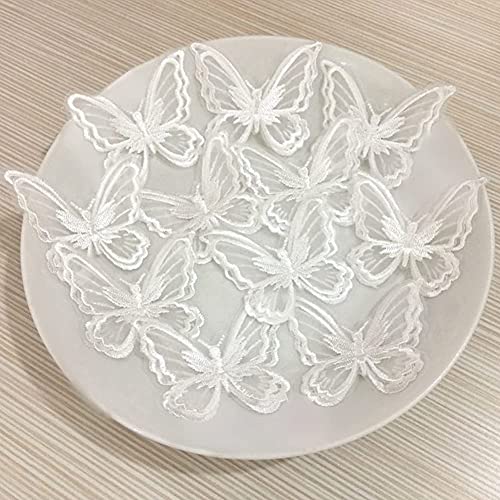Fqtanju 15Pcs Butterfly Lace Trim, Double Layers Organza Butterfly Decor Applique Patches Embroidery Sewing Lace Fabric For Diy Craft Costume Headpieces Garters Wedding Decoration (White) #TOP4