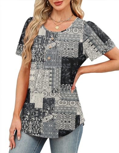 Image of Womens Tops Dressy Casual Blouses Short Sleeve Shirts Plus Size Fashion Clothing Spring Summer Outfits Button Pleated Front