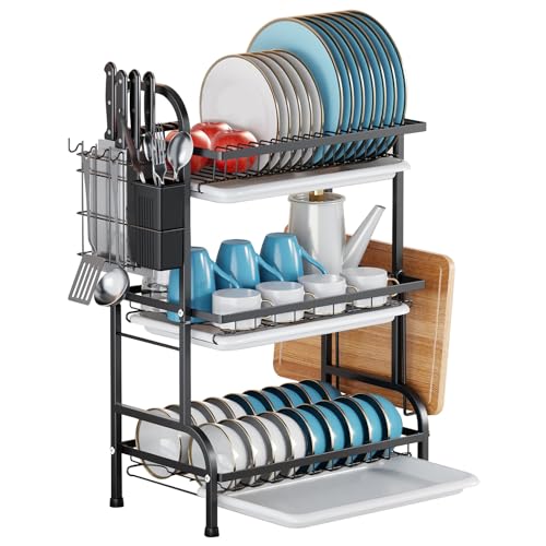 Cozywind Escurridor de Platos Escurreplatos Metal de 3 Niveles Escurridor Platos para Fregadero Estante de Platos Cocina con Bandejas de Goteo y Porta Utensilios