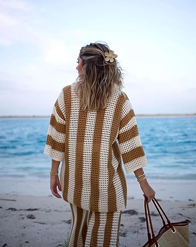 Image of Women Cover Up Sets Button Up Tops with Pants Crochet Set Outfit 2 Piece Outfits Vacation Outfits