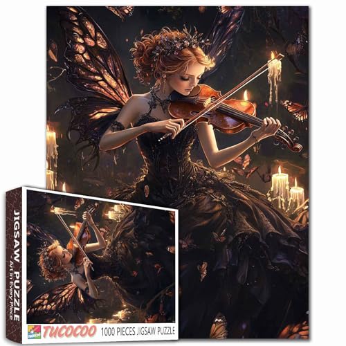 Girl Playing Violin Jigsaw Puzzles 1000 Pieces for Adults,Families(Fairy Girl,Candy,Musician,Butterfly Wings)Pieces Fit Together Perfectly 19.7''x27.6''inch Rock Music Frameable Magic Puzzle Art Gift