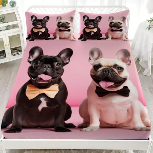 Lenzuola Letto Singolo Bulldog Francese Lenzuolo con Angoli Cucciolo 3D Stampa Microfibra Morbido - Altezza Materasso Fino a 30 cm, Coprimaterasso Traspirante e Lavabile con 2 Federe Q975
