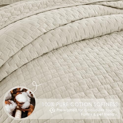 Image of palassio Beige 100% Cotton Quilt Queen Size Bedding Sets with 2 Pillow Shams, Textured Lightweight Soft Bedspread Shabby Chic Coverlet, Neutral Quilted Comforter Bed Cover for All Season, 3 Pieces