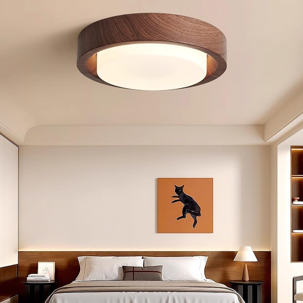 Lampy Sufitowa LED Okrągła Styl Drewna Nowoczesna, Plafon Regulowane Oświetlenie Sufitowe Pełne Widmo Sypialnia Korytarz(Walnut,33cm/12.99in)