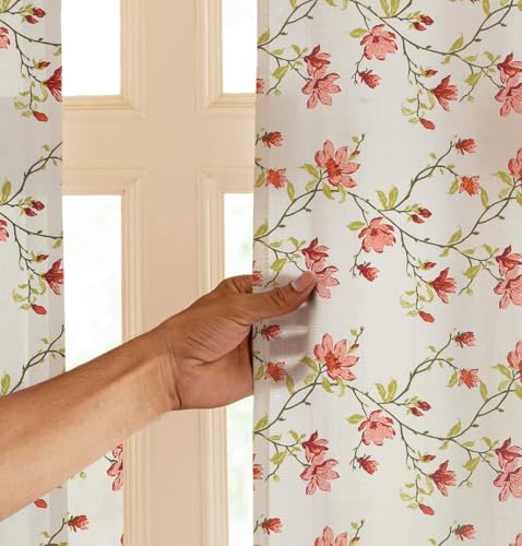 Image of LINENWALAS Cotton Linen Printed Sheer Curtain Set of 2 Panels with Eyelet Ring Hanging, Floral Printed Door Curtains Non Blackout Light Filtering Curtains (7 Feet x 4.5 Feet, Blossoming Vines)