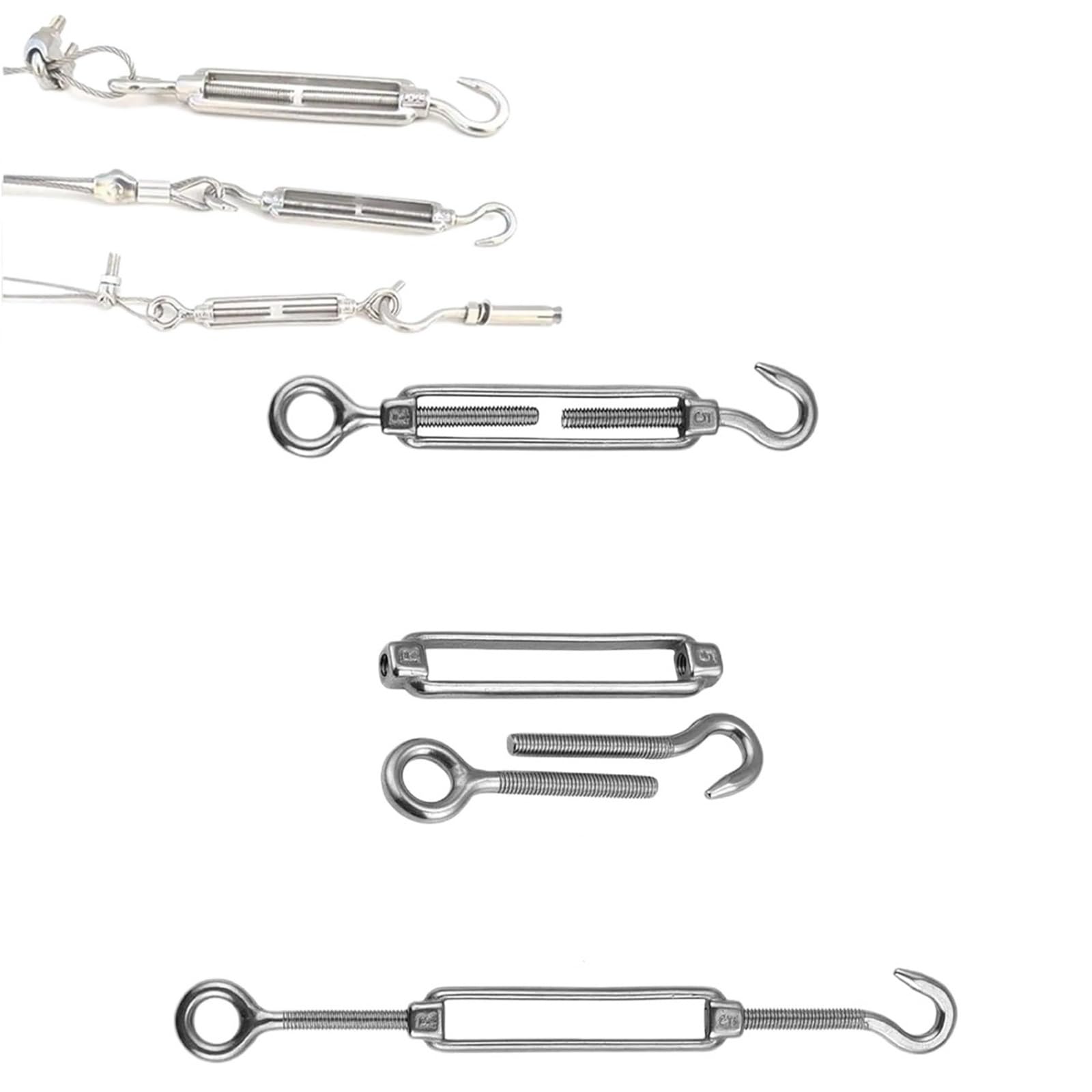 Tensores de gancho y ojo de acero inoxidable, tensión de cuerda de alambre ajustable, tensor tipo OC, aparejo, vela, tensor de jardín, 10/1 Uds.(M6,5PCS)