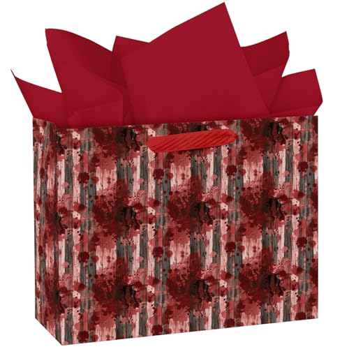 WRAPAHOLIC 13" Large Halloween Blood Gift Bag with Tissue Paper - True Crime Detective Bloody Evidence Paper Bags for Halloween and Murder Mystery Party