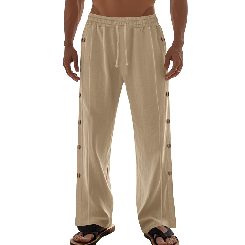 Mens Linen Pants Summer Button Decor Casual Beach Pants Baggy Elastic Waist Drawstring Yoga Trousers with Pockets3