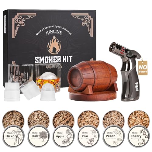 Whiskey Smoker Kit with Torch - No Butane 6 Flavors Wood Chips 2 Whiskey Glasses 2 Round Ice Cube Mold Old Fashioned Smoker Kit Cocktail Smoker Drink Smoke Anniversary Birthday Gifts for Men Dad