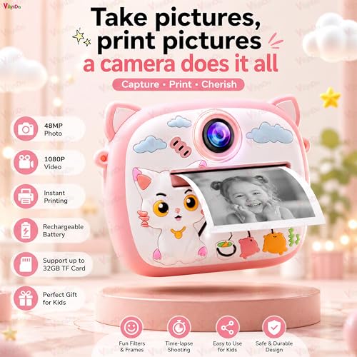 Image of VikriDA Instant Print Camera for Kids | 1080P HD Digital Camera with Video Recording, Built-in Printer, Fun Filters & Stickers - Dino-Themed Instant Digital Camera