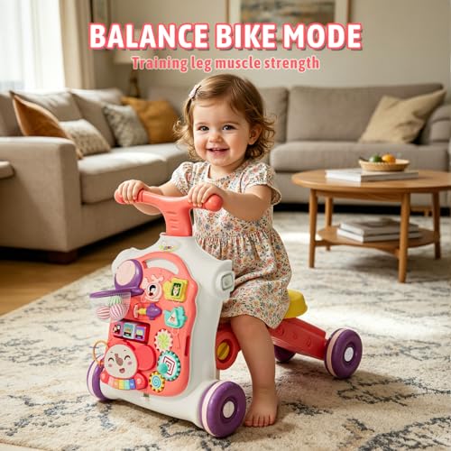 Image of QDRAGON 5 in 1 Walker for Baby Girl, Baby Push Walkers, Assemble as Scooter /Motorbike /Activity Center /Detachable Panel, Walking Toys for Infants, Red