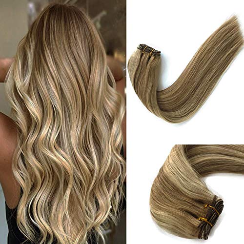 Sew in Weft Human Hair Extensions Natural Seamless Weave Bundles for White Women 100G Sew in Brazilian Virgin Remy Hair Extensions Brown with Blonde Highlights Colored Hair Extensions Glueless 16 Inch