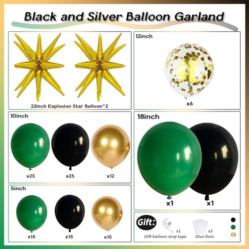 Image of Dark Green and Black Balloon Arch Kit with Explosion Star Balloons, 123pcs Emerald Green and Confetti Gold Balloon Garland for Birthday Anniversary Bachelorette Grad Father's Day Party Decorations