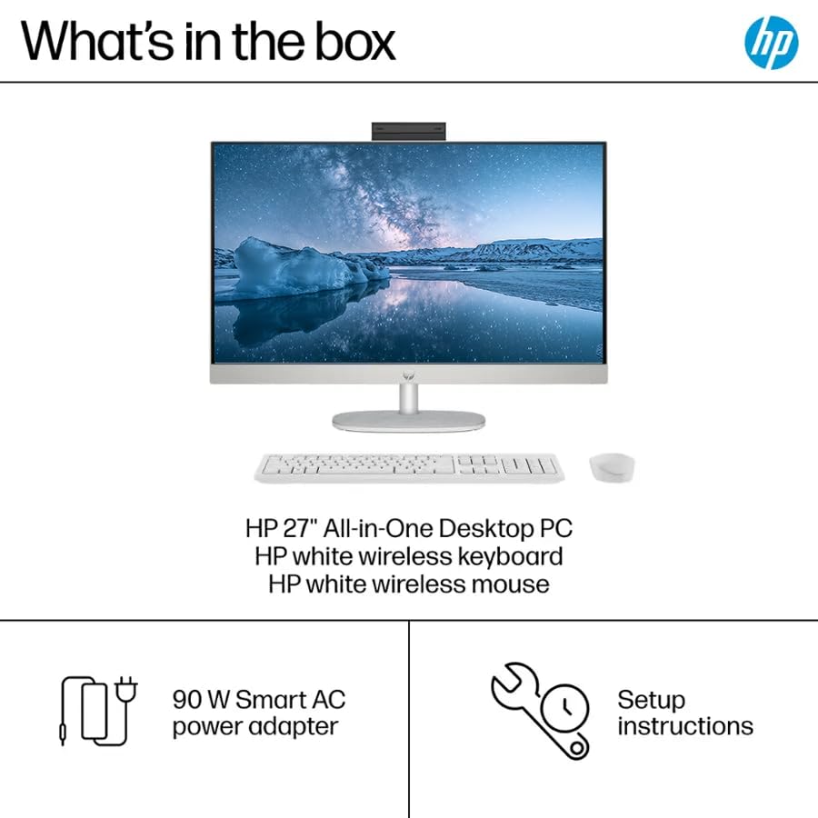 Image of HP 27 inch FHD Touchscreen All-in-One Desktop Computer, 12-core Intel Ultra 7 Processor, 64GB RAM 2.5TB Storage (2TB SSD+512GB Docking Set), Windows 11, Wireless Keyboard & Mouse, NLY Earphones, White