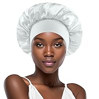 Vista 1 de Gorro de seda blanco para mujeres durmiendo, gorro de seda para dormir, trenzas de cabello rizado, gorra de satén grande para dormir, gorra de noche