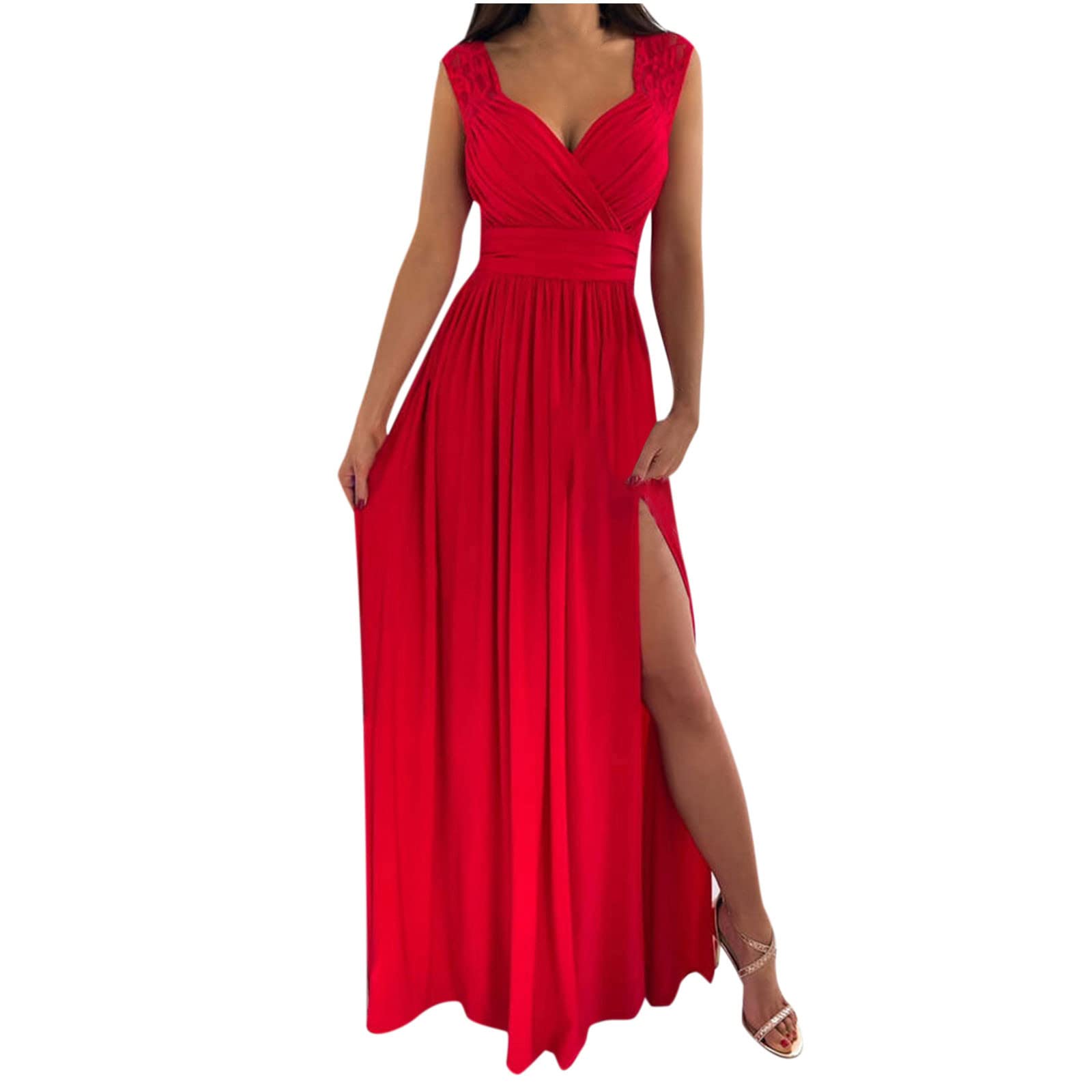NUSGEAR 2022 Vestidos Larga para Mujer, Elegante Encaje Fiesta Vestidos Sexy Vestido de Cóctel sin Manga Vestido de Noche Moda Slim Fit Vestidos Largo con Abertura Formal Vestido de Novia Dama de Honor
