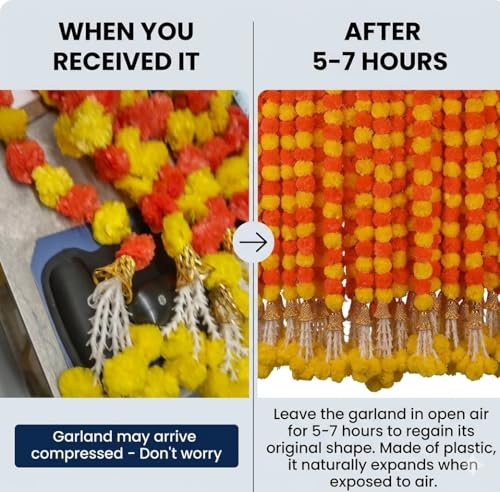 Image of DIYANA IMPEX Marigold Garland for Decoration 5 Pcs of 5 feet Long Strands Artificial Marigold Flowers with Bell, Indian Decor for Pooja /Diwali /Wedding /Christmas (Yellow)