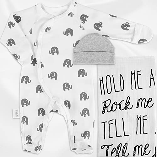 Image of Ocean Drop 100% Cotton Baby Layette Set - Baby Swaddle Blanket Baptism Gifts for Boys or Girls - Gender Neutral Newborn Gift Set - Muslin Swaddle Blanket, Footed Onesie, Hat & Gift Box (3pc Set)
