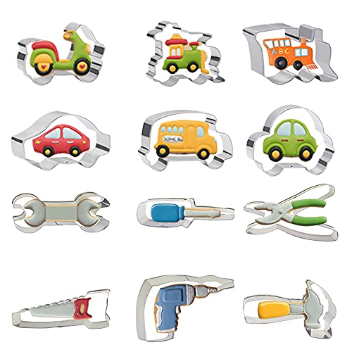 BILI Tool Cookie Cutter Set, 12 PCS Construction Cookie Cutter with Saw, Hammer, Drill, Car Transportation Cookie Cutter Mold for Baking Party Construction Transportation Themed Party