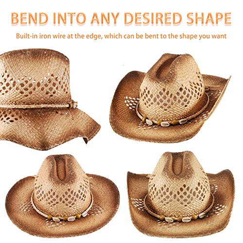 Image of Men's Cowboy Hats Summer Women Beach Cowgirl Hat Raffia Unisex Western Sun Hat