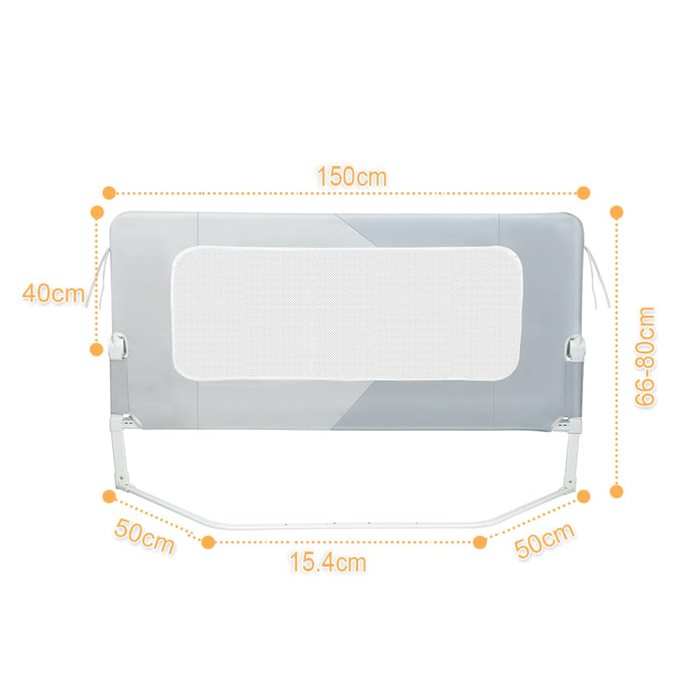 Homewell Portable Bed Rail 150 x 66-80 cm, Barrera de cama infantil plegable, altura ajustable, marco de metal, barrera de seguridad para niños, cama de matrimonio, poliéster (gris claro + gris oscuro