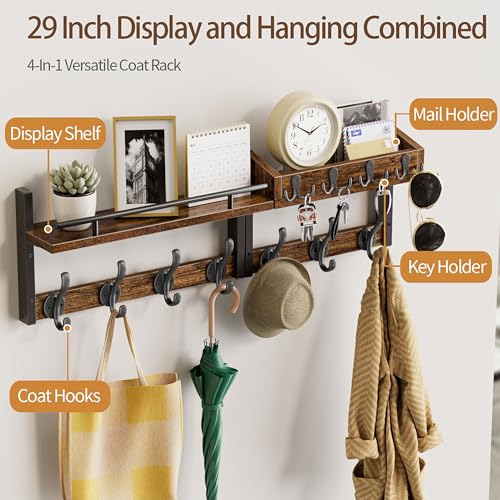 Image of 29 inch Coat Rack Wall Mount with Shelf, Entryway Wall Shelf with Hooks, Heavy Duty Coat Hanger Wall Mount with Key Holders and Mail Organizer for Living Room, Bedroom, Black & Brown