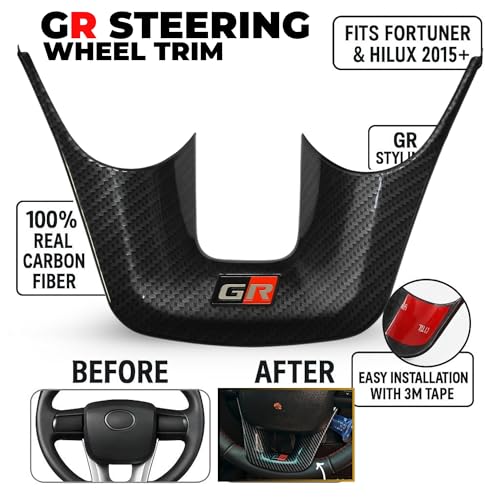 Image of KMH Carbon Fiber GR Steering Wheel Trim Compatible with Toyota Fortuner, Hilux & Hycross 2015 Onwards - Premium Sports Car Interior Accessories, Durable Stylish Carbon Finish, Black - Pack of 1