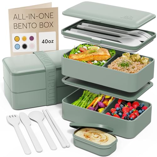 Image of Umami Bento Box Adult All-In-1 w /4 Utensils, 2Sauce Jars, 2 Dividers, 100% Leakproof, Microwave & Dishwasher Safe, Stackable Bento Lunch Box Containers for Men & Women, Green, 40 oz