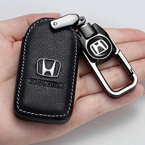 Car Key Case for Honda with Genuine Leather Full Protector Keychain Key Cover Fit for Honda Accord Civic Fit Pilot Odyssey CRV Clarity CRZ HRV Ridgeline EX EX-L Smart Key-Black