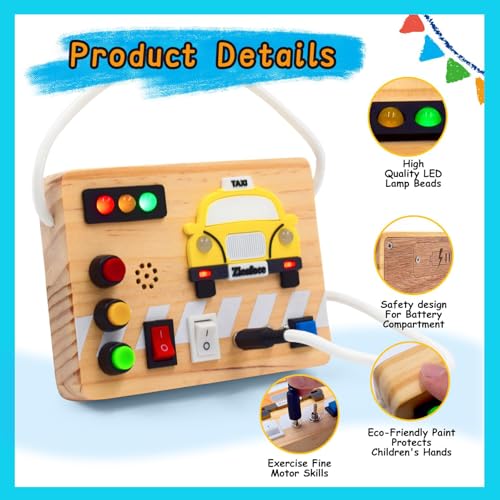 Image of Montessori Busy Board Wooden Sensory Toys with LED Light Up Switch Travel Toys for 1+ Year Old Toddler Baby Boys Girls Gifts (Taxi Busy Board)