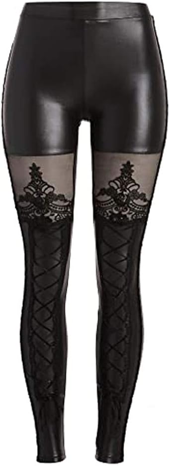 Punk Rave Womens Victorian Style Macbeth Faux Leather Look Leggings with Lace