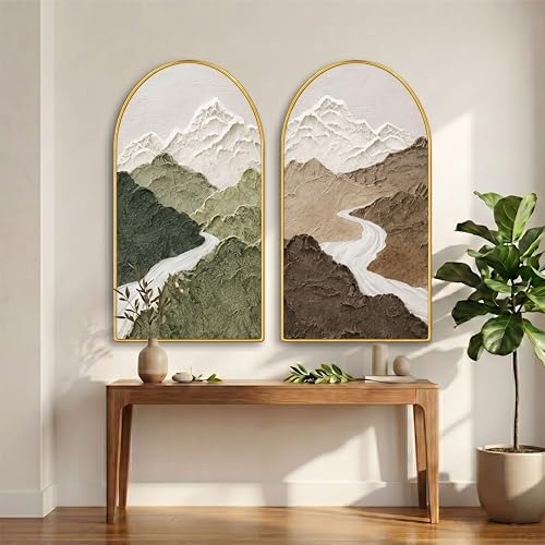 Image of Livin'luxe Set of 2 Mountain Wall Painting for Living Room, Textured Landscape Modern Artwork, PVC Golden Frame, Arch Shape Wall Decor for Bedroom, Hall, Office & Gift (30 x 32 Inch) RPNL-02-117