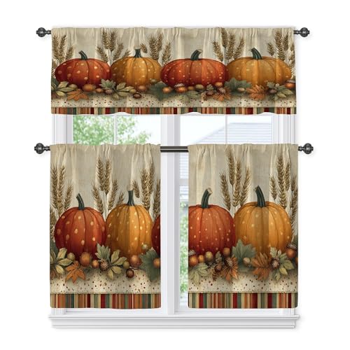 Cortinas de cocina de calabaza, hojas de trigo rústicas, otoño, color naranja, bolsillo para barra, cenefa de ventana, decoración de ventana para comedor, desayuno, rincón, área de fregadero, 45,7 x