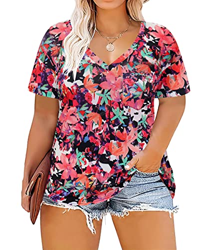 Image of TIYOMI Plus Size Tops for Women V Neck Tshirts Basic Tunic Casual Hawaii Floral Tie Dye Camo Summer Short Sleeve Tee XL-5XL