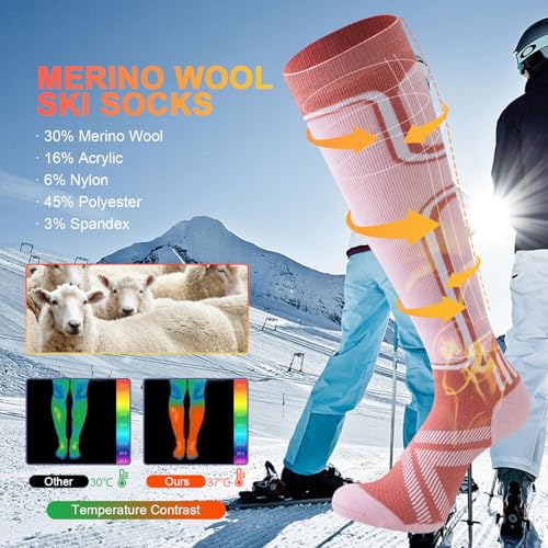 Cirorld 2 Paar Skisocken aus Merinowolle für Damen Herren, Wärmende Wolle Thermosocken Dicke Wintersocken für Kaltes Wetter, Schnee, Skifahren, Snowboarden, Rosa&Violett 35-38