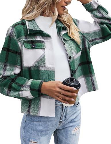 Zeagoo Shacket Jacket Women Flannel Cropped Wool Blend Plaid Button Down Shirt Clothes Fall Jackets Coat