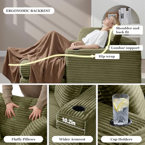 Image of HANXIN 62 inch Chaise Lounge Chair Indoor, Oversized Corduroy Boneless Convertible Chaise Lounge Couch Sleeper Chair with Ottoman, Deep Seat Reading Chair, No Assembly Required (Green)